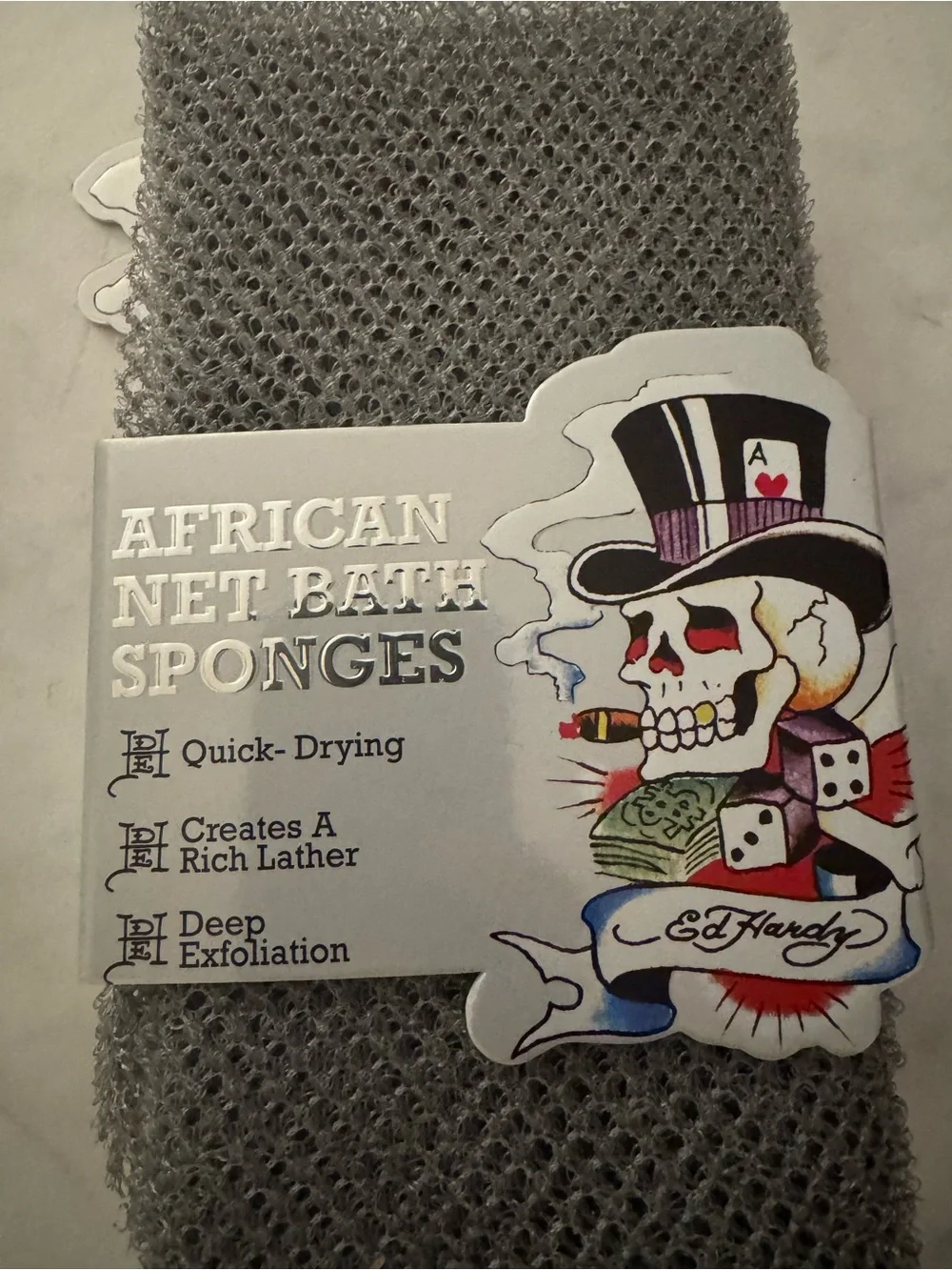 Ed Hardy 2 Pack Gray Exfoliating African Net Bath Sponges NWT